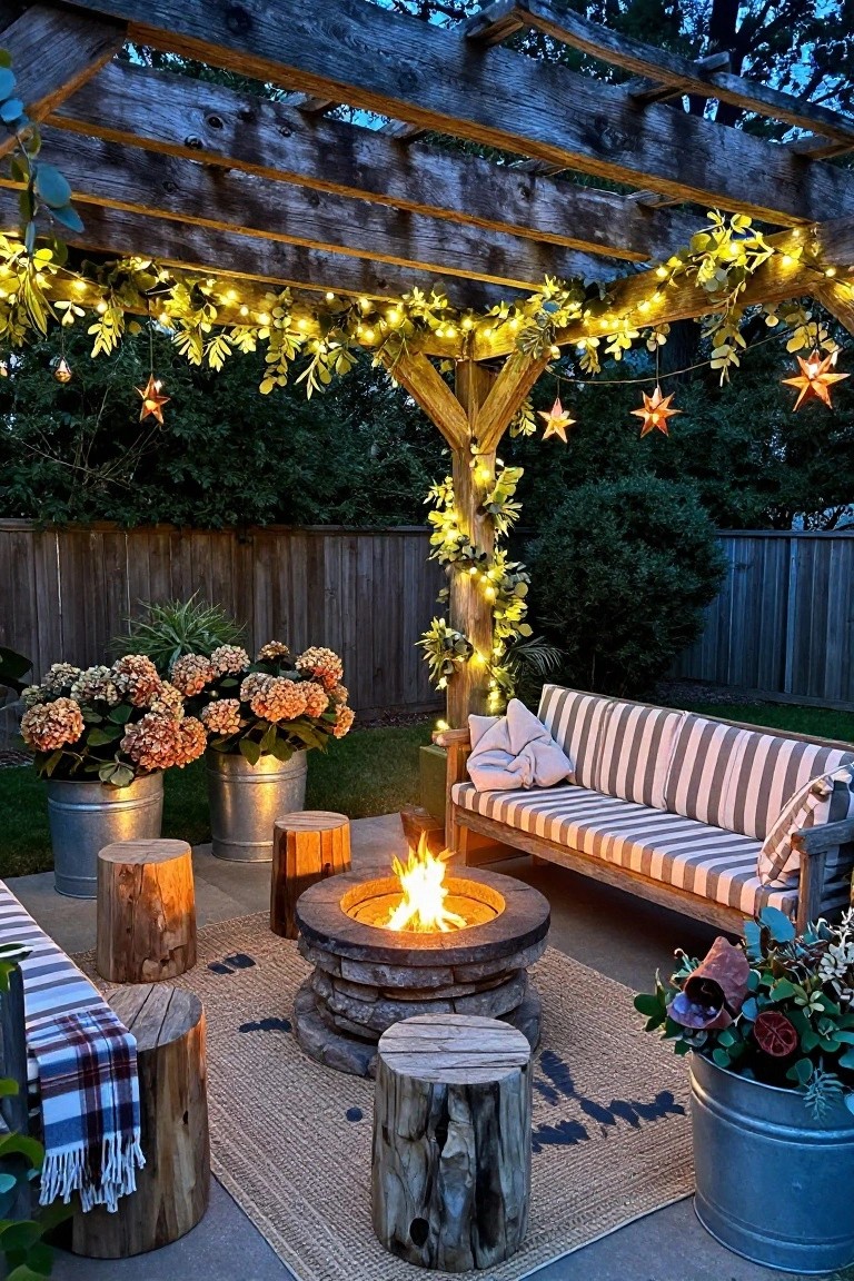 Wooden pergola covered in string lights and greenery over an outdoor patio with striped sofa, log stools, stone fire pit, potted plants, and hydrangeas in metal buckets at dusk.