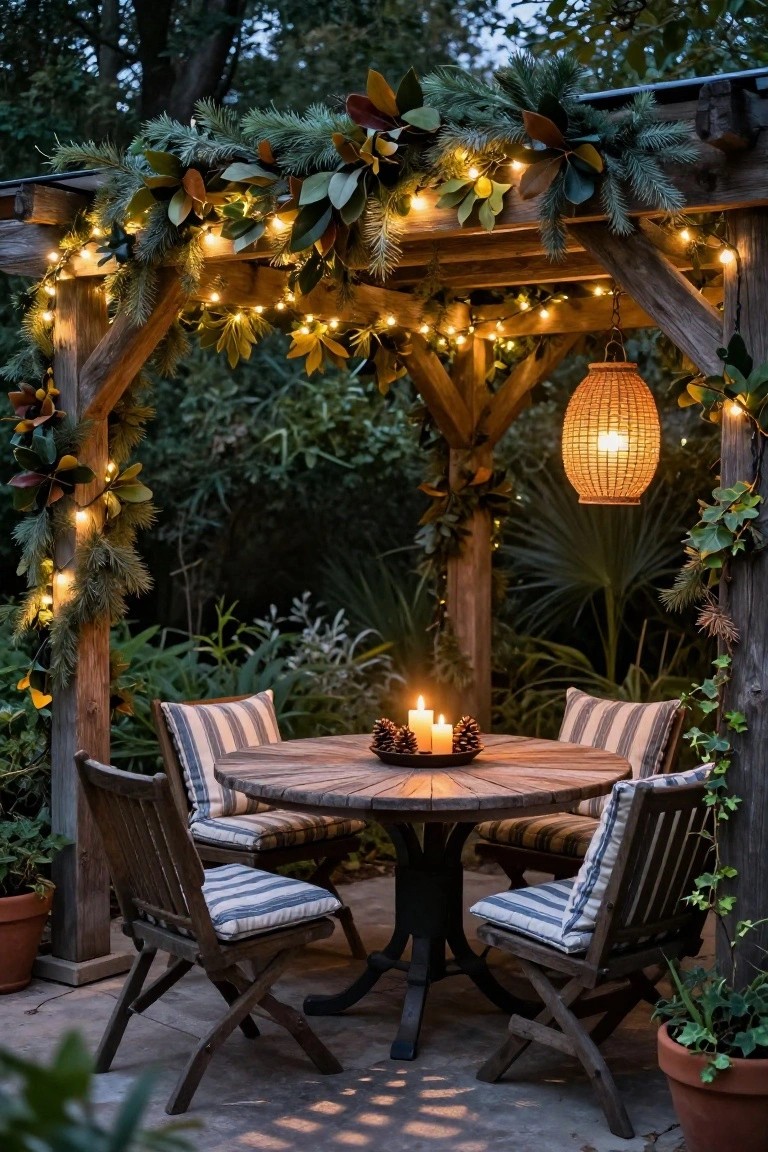 Wooden pergola draped with evergreen garlands, string lights, and magnolia leaves over a round wooden table with striped chairs, pinecone candles, and potted plants on a stone patio at dusk.