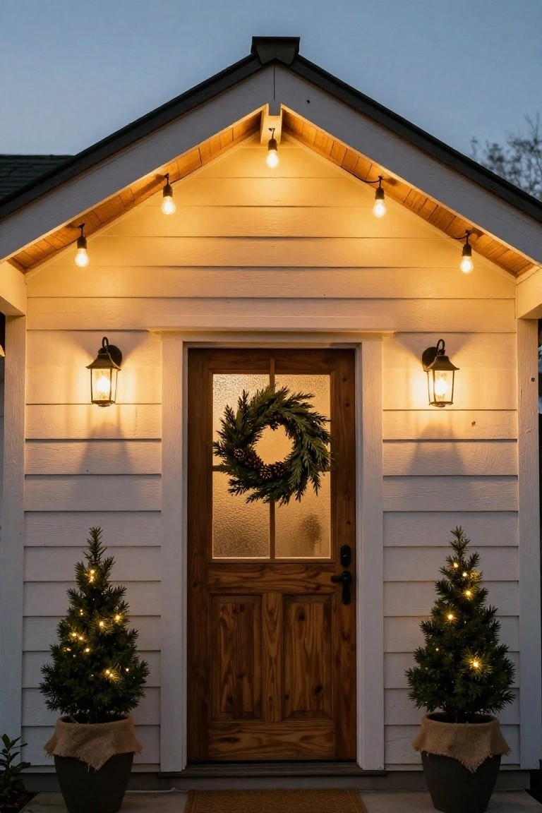 White shiplap-sided house exterior at dusk with wooden double door, pine wreath, lit lanterns on walls, small lit Christmas trees in burlap-wrapped pots, and warm string lights hanging from eaves.