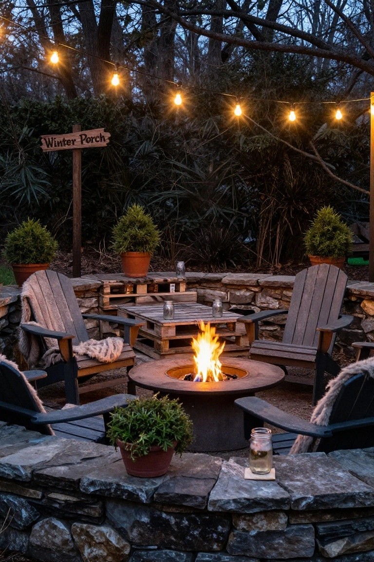 Outdoor stone-walled patio at dusk with Adirondack chairs arranged around a round gas fire pit, warm string lights overhead, potted plants, mason jars on tables, and a wooden "Winter Porch" sign.