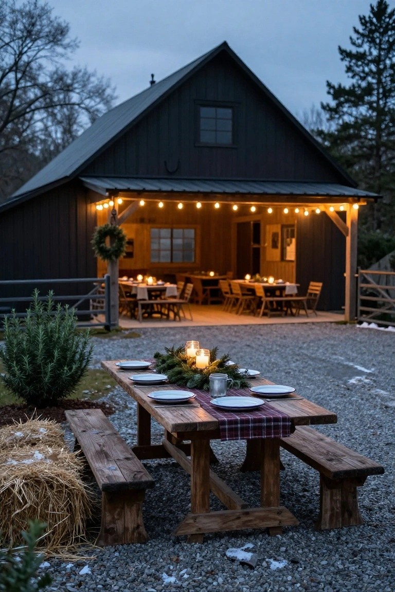 Black barn building with covered porch strung with warm white lights, wooden dining tables set inside the porch and an outdoor table on gravel with plates, candles, garland, and hay bales nearby.