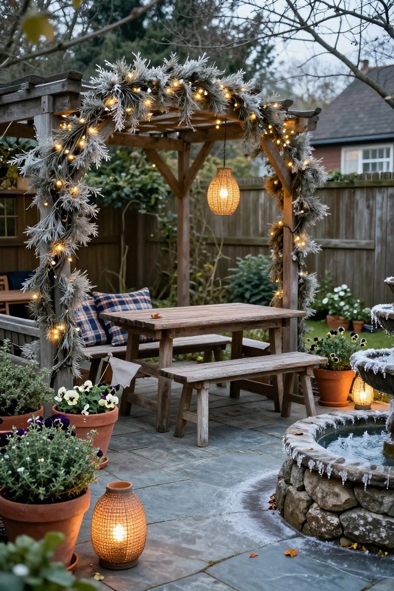 Cozy wooden patio with string lights, snow-dusted fountain, and potted winter flowers.