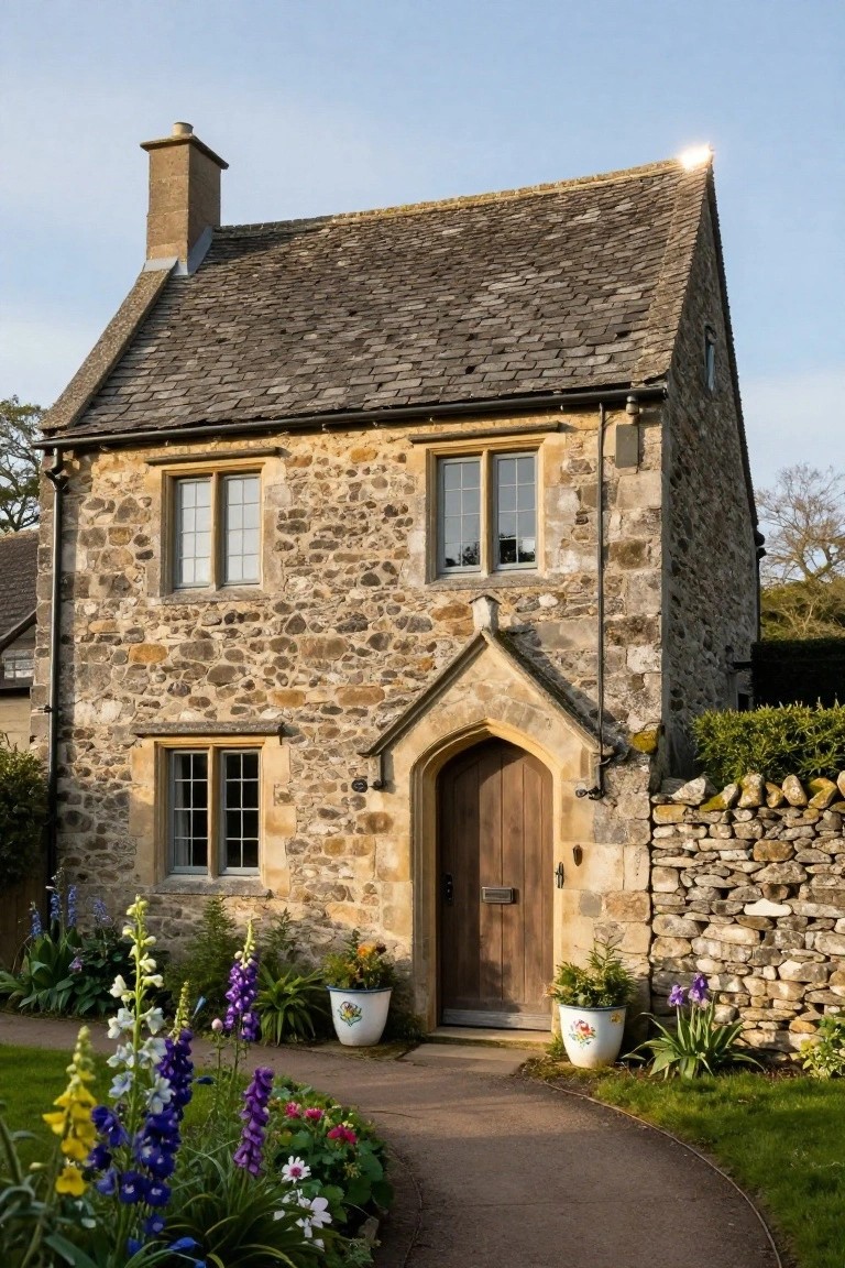 A two-story stone cottage with a tall pointed arched wooden front door, flanked by flower beds with delphiniums and potted plants, a curved gravel path, stone walls, and leaded windows under a slate roof.