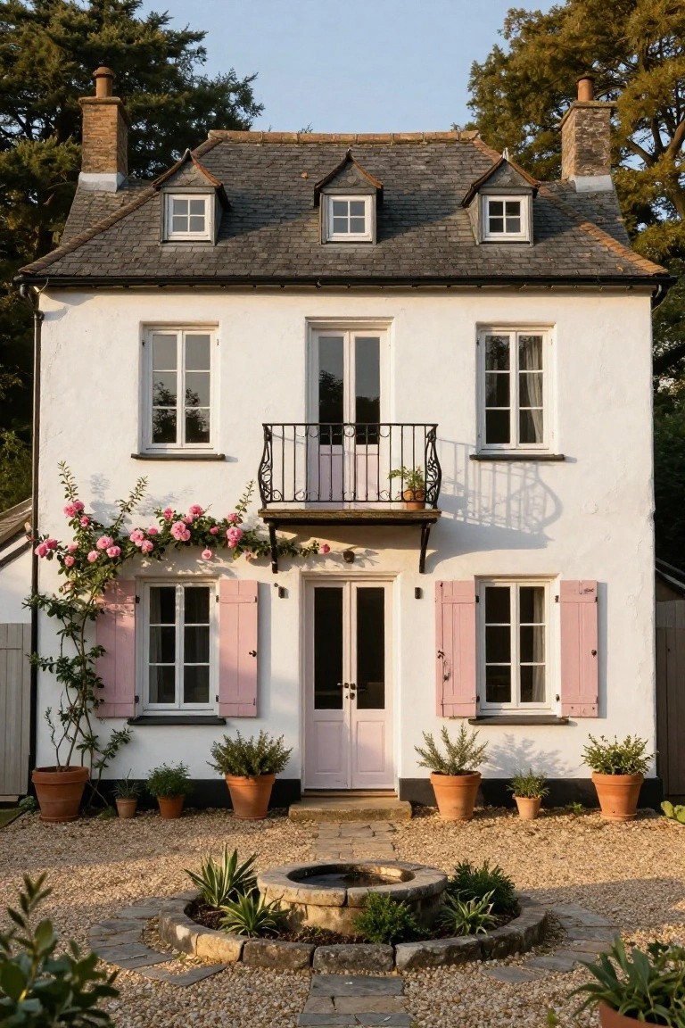 White two-story cottage with slate roof, dormer windows, wrought-iron balcony draped in pink climbing roses, pink shutters on windows, pink front door, gravel yard with potted plants and central stone fountain.