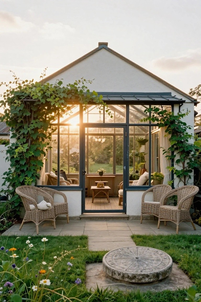 White cottage wall with black-framed glass conservatory overgrown with green ivy, two wicker chairs on stone patio in front, garden bed with flowers and stone sundial nearby.