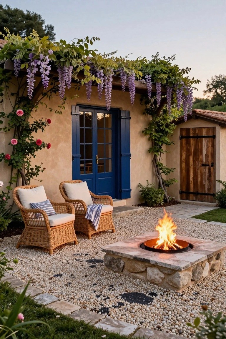 Gravel patio featuring a square stone fire pit with flames, two wicker armchairs with cushions facing it, next to a beige stucco house wall with blue shutters on French doors, wooden door, climbing wisteria and roses.