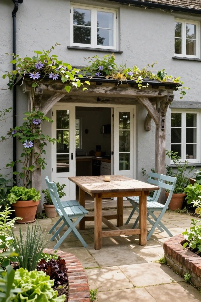 Gray rendered house exterior with open white French doors under a wooden pergola covered in purple clematis vines, a wooden table with two blue chairs on a stone patio surrounded by potted plants and brick-edged garden beds.