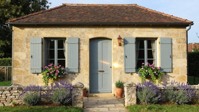 20 French Cottage Exterior Inspirations for Romantic Vibes Small beige limestone cottage with steeply pitched terracotta roof, blue front door and shutters, potted geraniums beside the door, lavender plants along a low stone wall with black metal gate, and stone path leading to the entry.