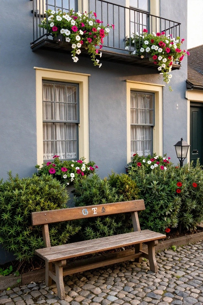 Blue stucco house facade with wrought-iron balcony overflowing with pink and white petunias, sheer-curtained windows, flower-filled window boxes, wooden bench labeled GTF in front of green shrubs, outdoor lamp, and cobblestone path.