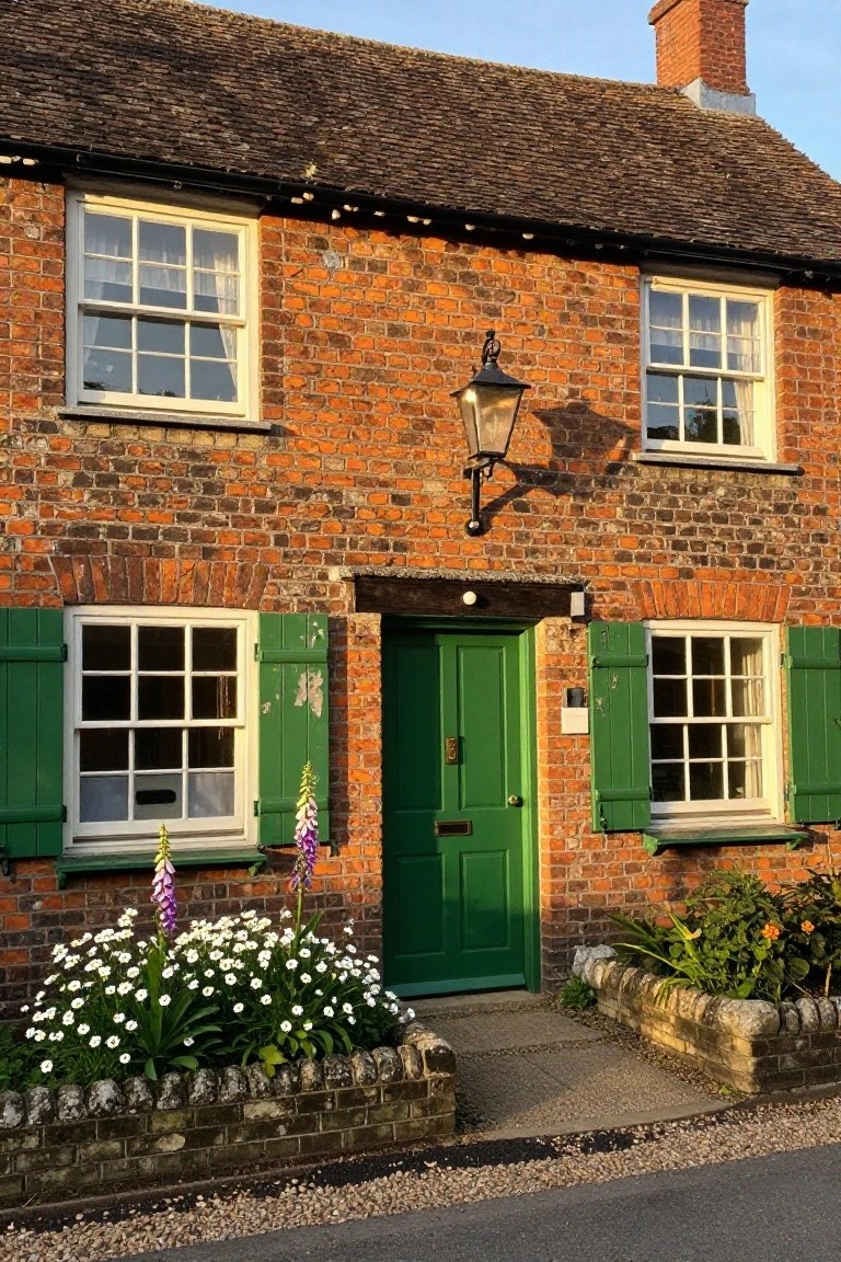 Two-story brick cottage exterior with green front door, green shutters on flanking windows, black lantern light, and flower beds of foxgloves and white flowers along the front path.