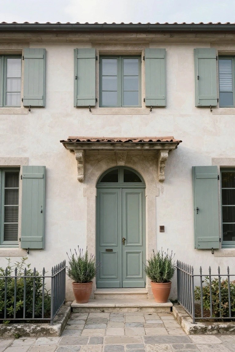 Front facade of a beige stone house with sage green shutters on windows, arched double green door, small balcony above, potted lavender plants by entrance steps, iron fence, and stone paving.