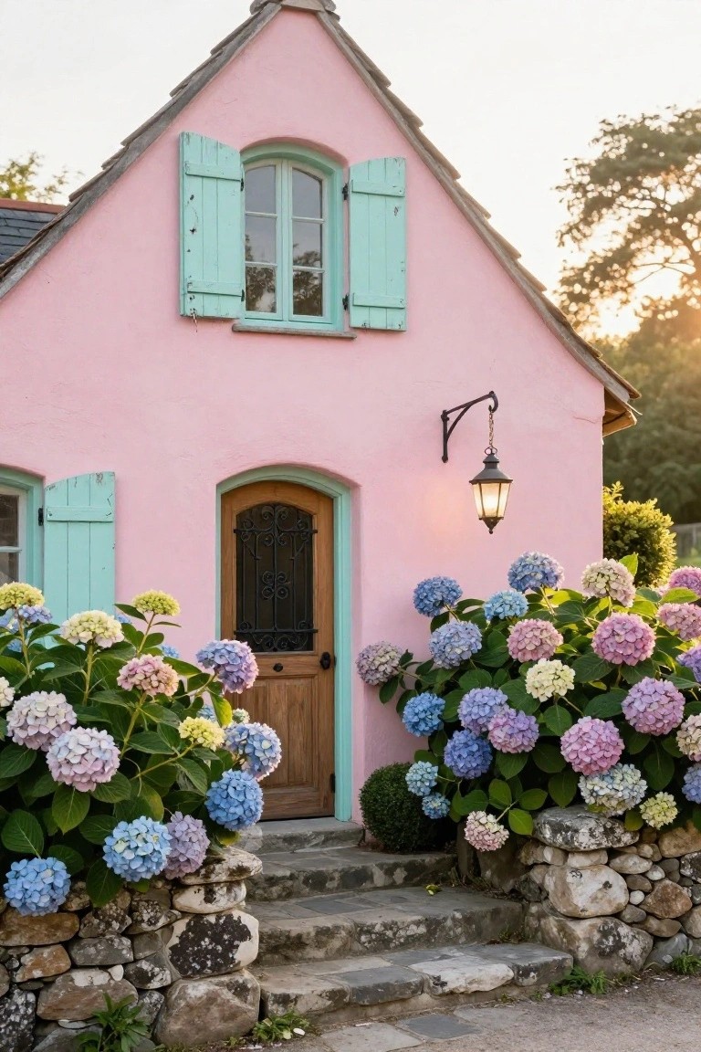 Pink stucco cottage exterior with arched wooden front door featuring iron grille, turquoise shutters on windows, large hydrangea bushes flanking stone steps to the entrance, and a hanging lantern beside the door.