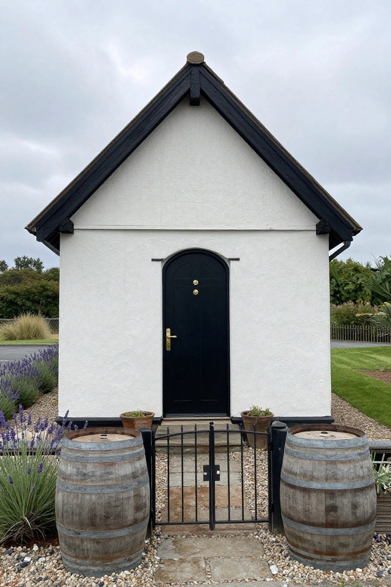 White cottage building with black timbered gable roof and arched black front door, flanked by two large weathered wooden barrels used as planters with lavender and grasses around a small black metal gate on gravel path.