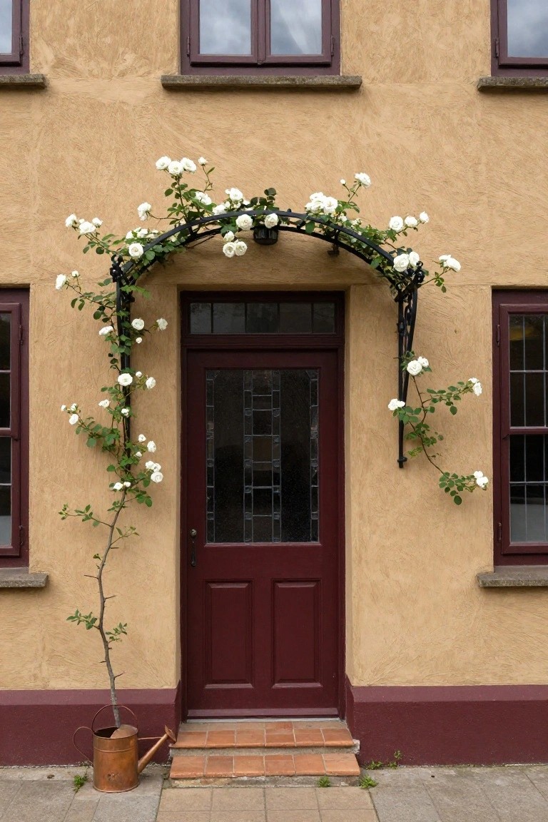 Beige stucco house facade with red paneled front door under black metal arch draped in white climbing roses, flanked by windows and a copper watering can holding a small thorny sapling on the step.