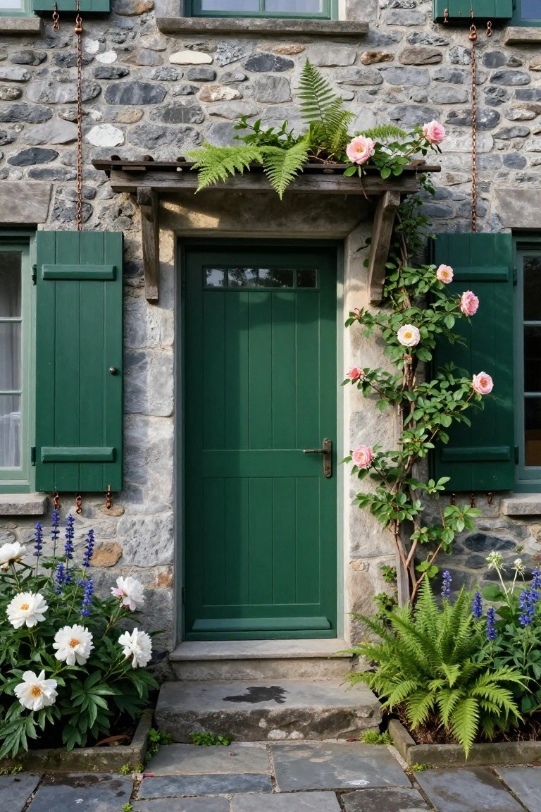 Gray stone cottage exterior with dark green front door, matching green shutters, pink climbing roses along the right side, ferns in a wooden planter above the door, and potted white peonies with blue salvia beside slate steps.