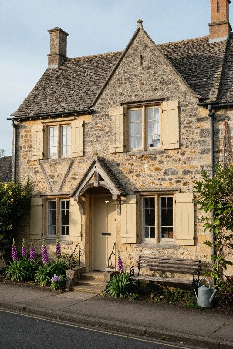 Two-story stone cottage with gabled roof, yellow shutters on multi-pane windows, wooden hooded porch over beige front door, purple foxglove plants in beds, wooden bench, and metal watering can on paved street edge.