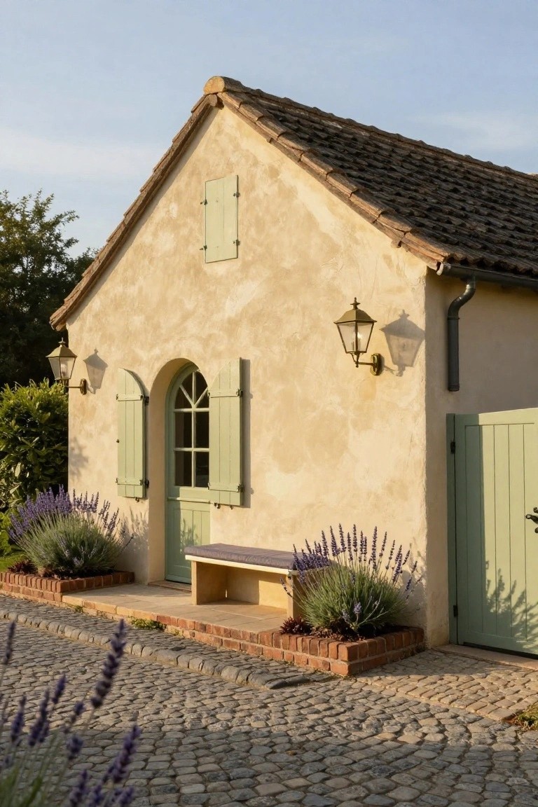 Beige stucco cottage exterior with sage green arched door, matching shutters on an arched window, wall lanterns, lavender plants, brick planters, wooden bench, and cobblestone path.