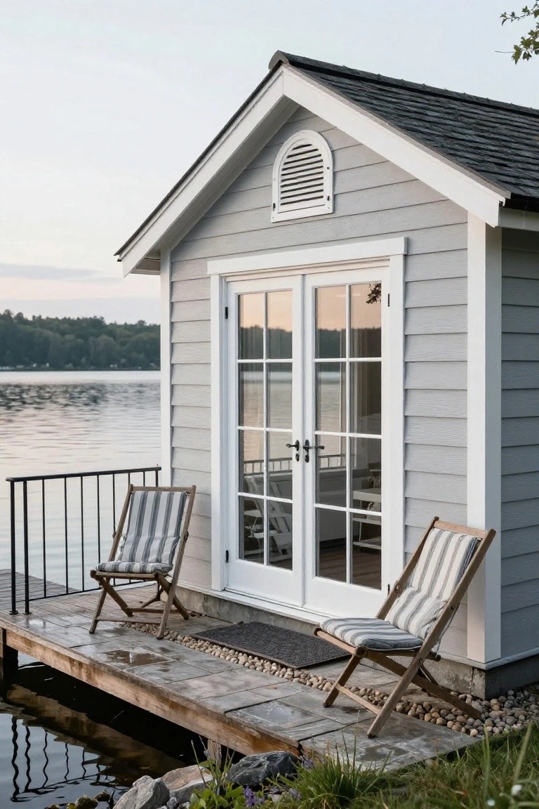 Gray clapboard cottage with gabled shingle roof, white French doors, and louvered gable vent positioned on a wooden dock by a lake, with two striped folding chairs and pebbles nearby.
