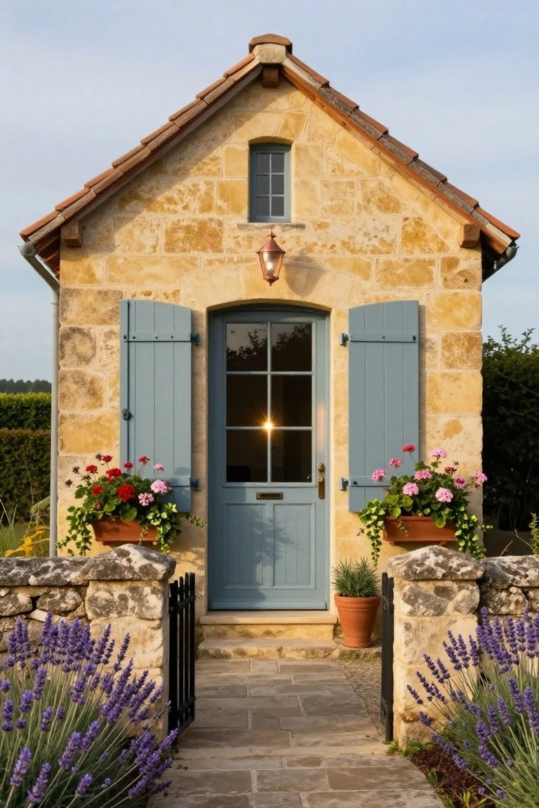 Small beige limestone cottage with steeply pitched terracotta roof, blue front door and shutters, potted geraniums beside the door, lavender plants along a low stone wall with black metal gate, and stone path leading to the entry.