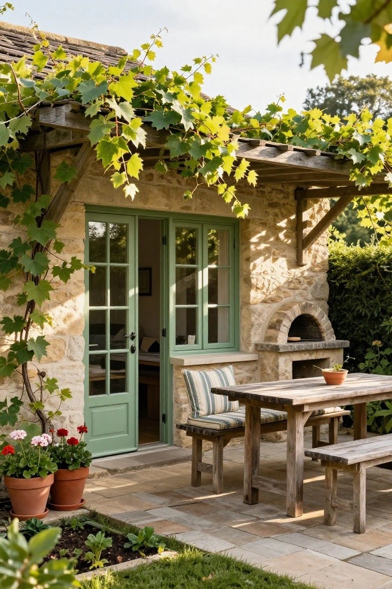 Rustic stone cottage exterior with green French doors opening to a patio that includes a built-in brick pizza oven, weathered wooden dining table and benches, potted geraniums, and ivy vines on a wooden pergola.