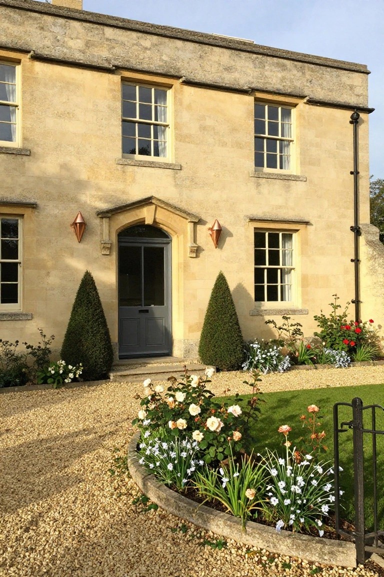 Beige stone cottage exterior with arched dark green front door flanked by two conical evergreen trees, copper lanterns on either side, flower beds, gravel path, and black metal fence.