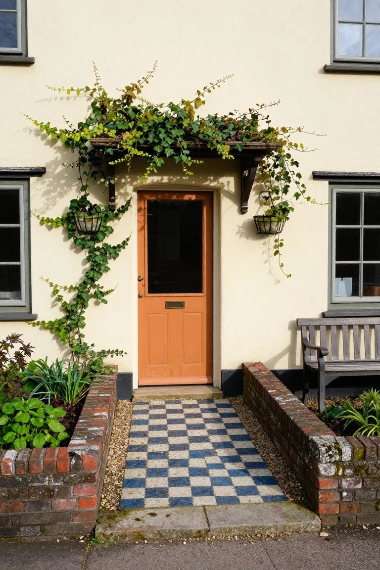 Cream cottage exterior with orange front door, climbing ivy on walls and hanging baskets, checkered blue and white tile path flanked by brick borders and plants, wooden bench nearby.