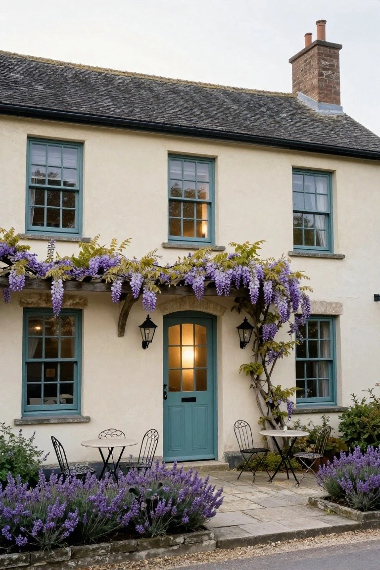 A cream-colored two-story cottage with slate roof, teal-painted windows and door, purple wisteria cascading from a wooden beam over the front entrance, flanked by stone lanterns, a small bistro table with chairs on stone steps, and lavender borders along the path.