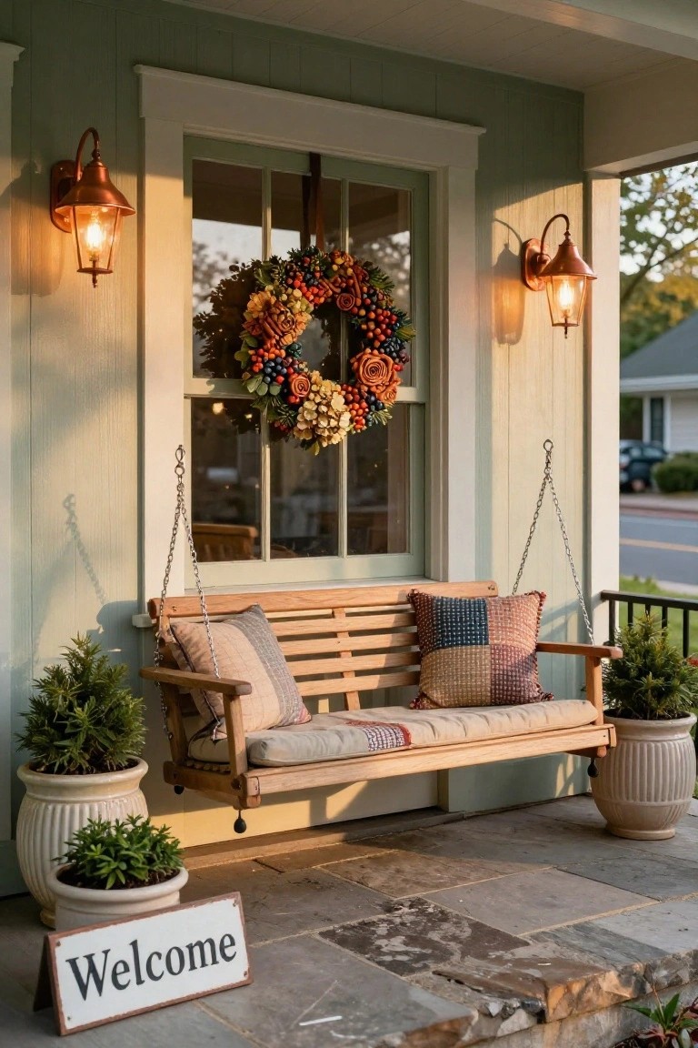 Arched terracotta niche in beige stucco wall holding olive leaf wreath with oranges and twine bow, flanked by two potted rosemary plants and a stone bench on tiled terrace.