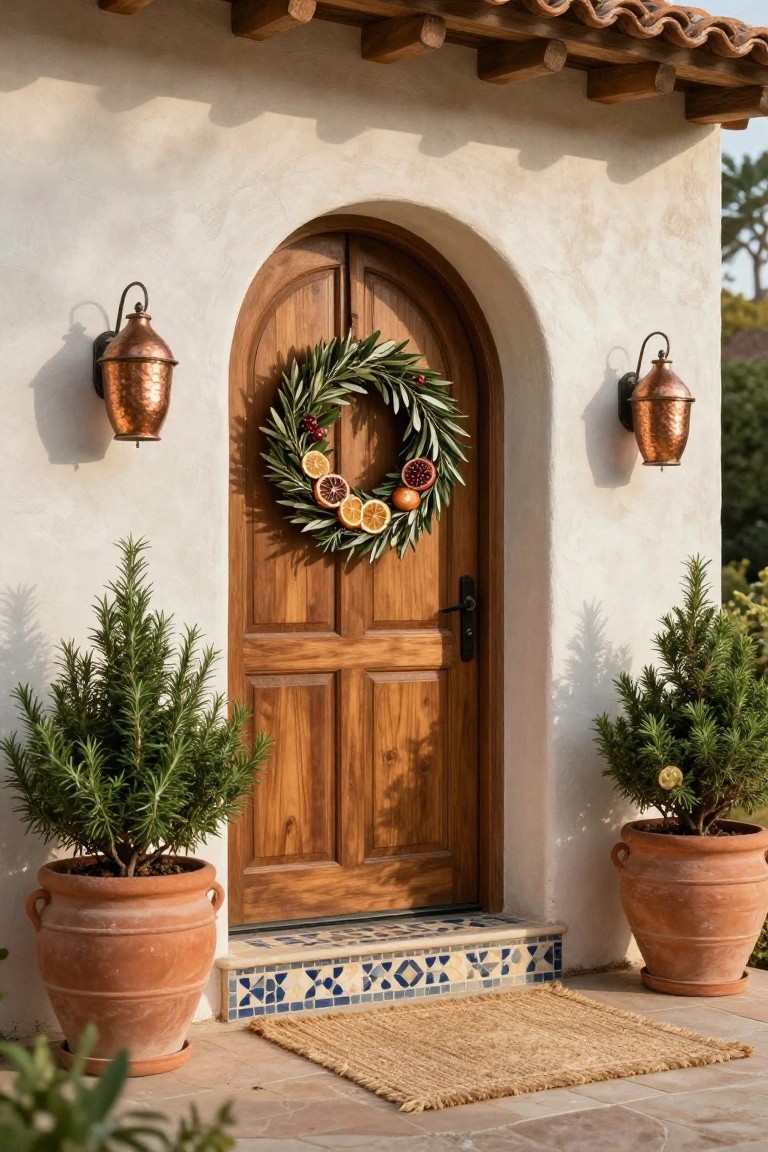Black front door decorated with a black leaf and pinecone wreath, flanked by black planters with spiky plants and a black bench on steps leading to a white exterior wall.