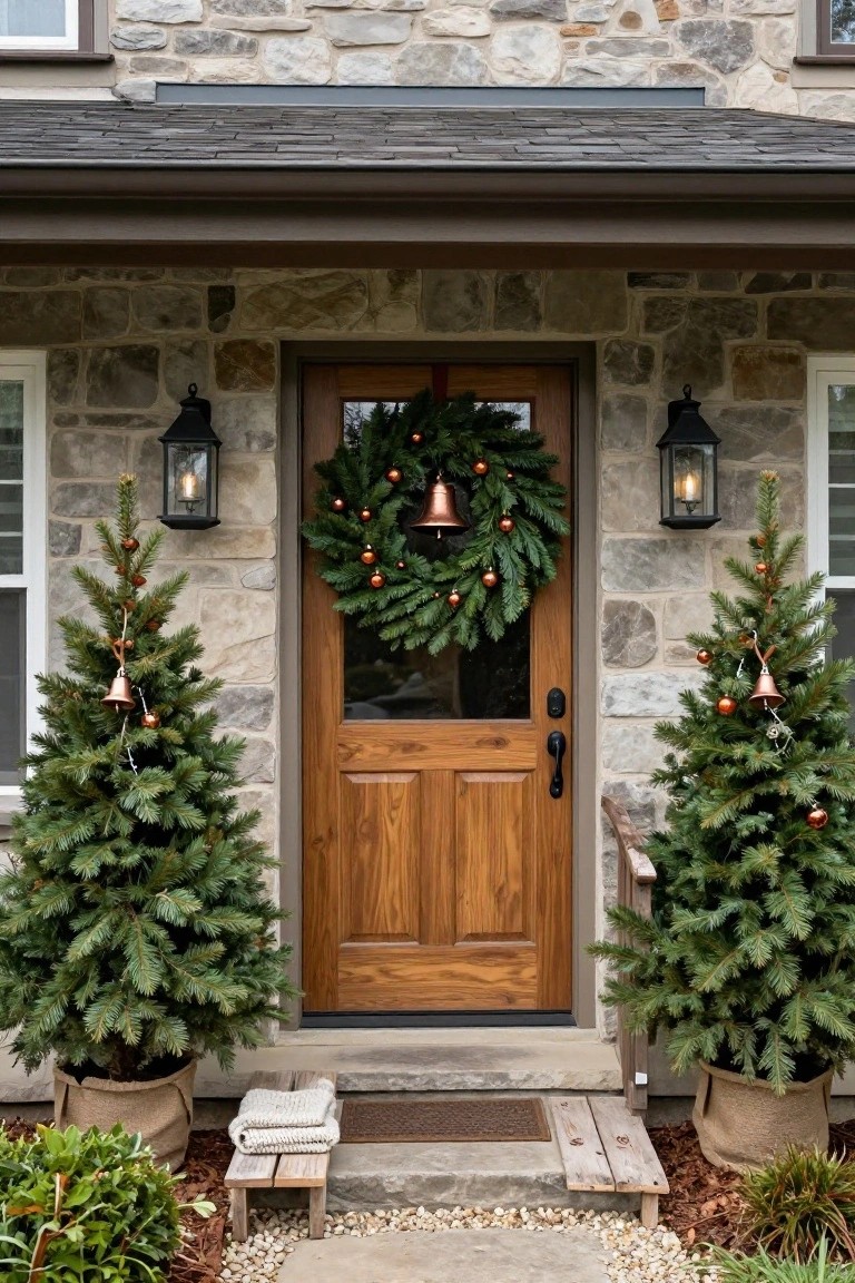 Brick house facade with centered black front door decorated by a green wreath with gray bow, flanked by lit brass lanterns and paired stone urns holding round boxwood shrubs on a stone step.