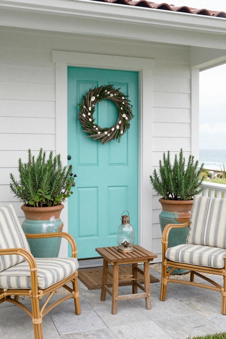 Brown brick townhouse front with arched wooden door decorated by large evergreen Christmas wreath, tall black pot of red amaryllis and pine branches beside door, iron lanterns on stone steps, and plants in window box.