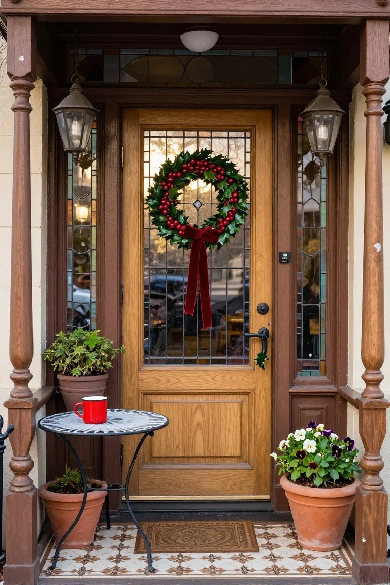 Front porch of a white clapboard house with turquoise double doors topped by a magnolia leaf garland, flanked by hanging ferns, two wooden rocking chairs with striped cushions, a copper lantern, and a wicker basket holding blankets and pillows.