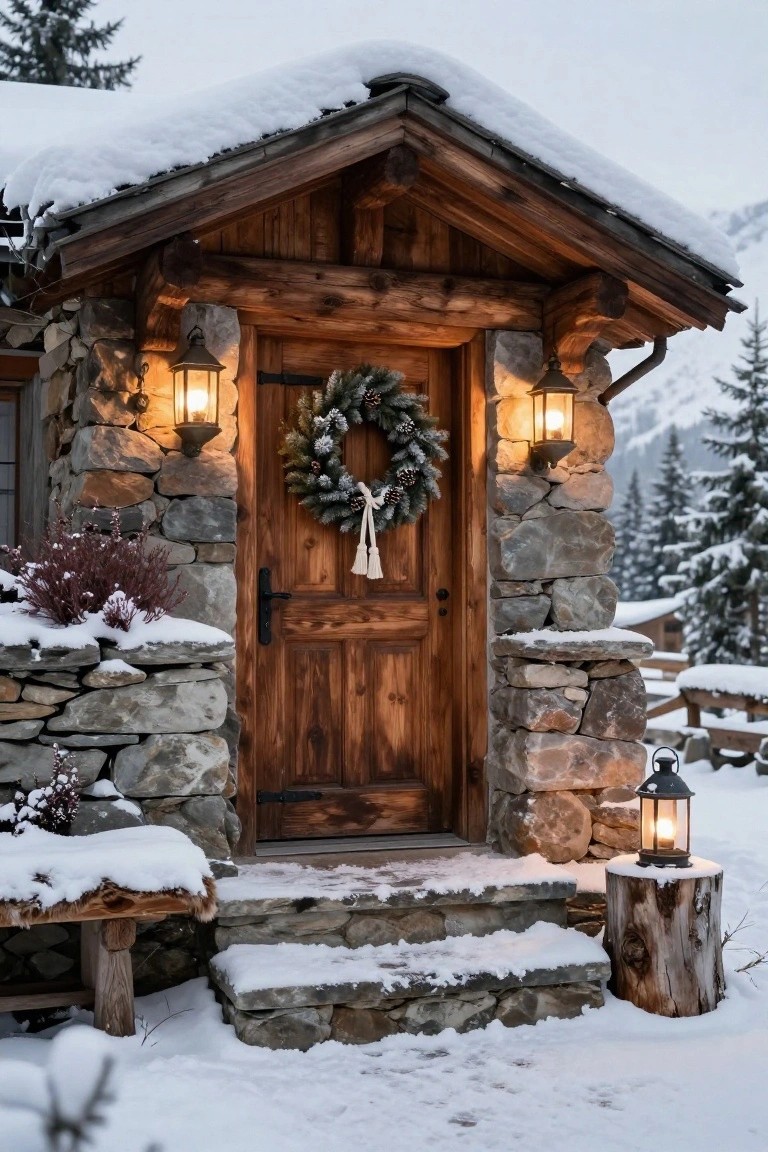 Yellow front door of a small house with a Christmas wreath of evergreen branches, cinnamon sticks, and a beige bow; a galvanized bucket holds birch logs, a wicker basket has pinecones, a black lantern glows nearby, and knit oven mitts hang on hooks beside the door.
