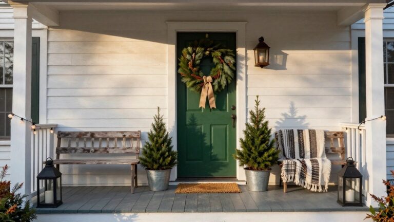 White clapboard house front porch with black door decorated by a large wreath of greenery, oranges, pinecones, and burlap bow; flanked by two small potted evergreen trees, wooden lanterns, and pinecone-filled crates on the steps.