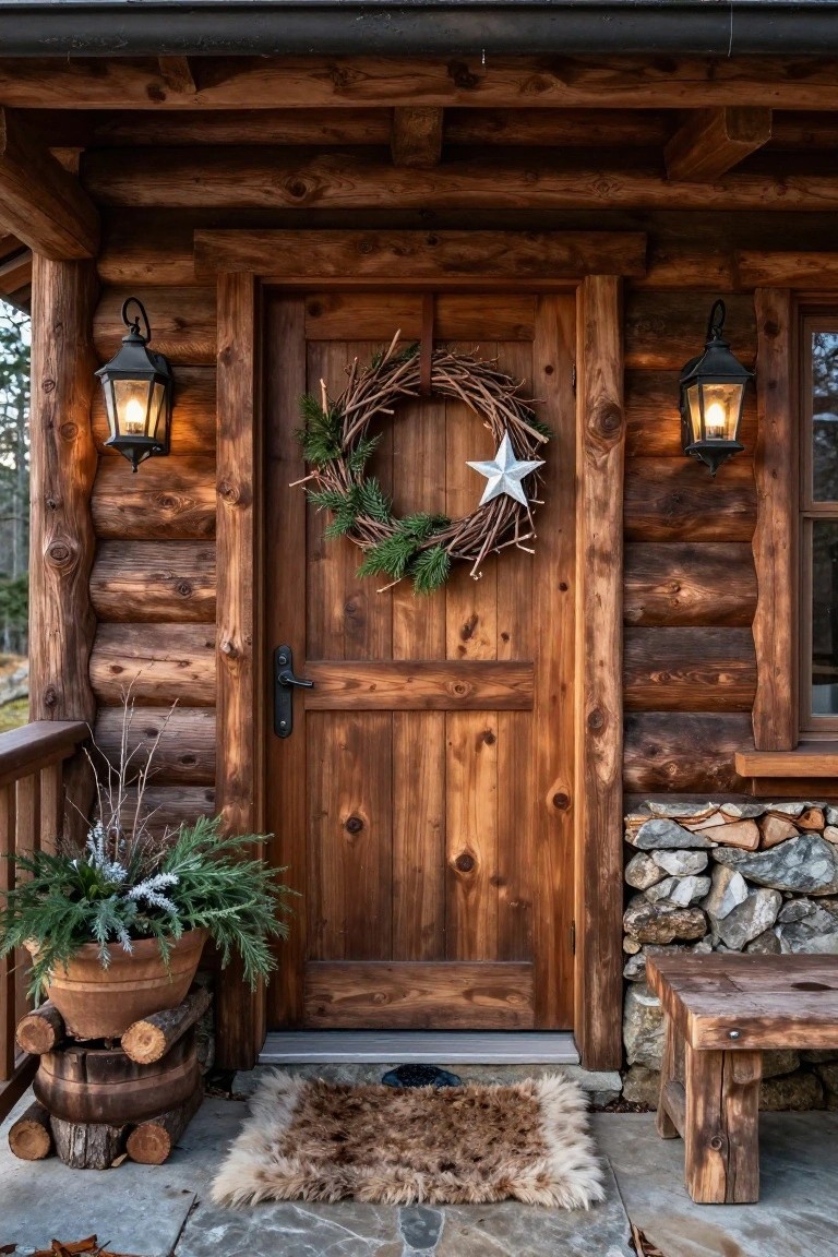 Teal clapboard house with white trim featuring a yellow four-panel front door hung with a large wreath of sunflowers, oranges, red berries, and red bow, potted geraniums on the porch steps, and a brown leather suitcase topped with colorful pillows next to the door.