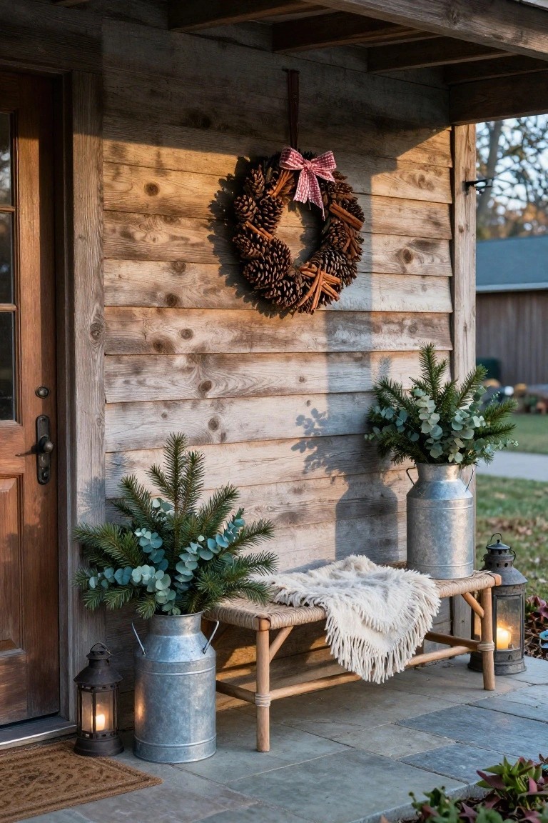 Black-framed glass front door decorated with a large frosted evergreen Christmas wreath, next to a wooden bench draped with a gray blanket and a potted small pine tree on a concrete porch.