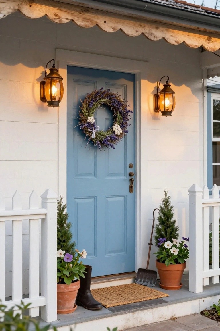 Close-up of a brown brick townhouse front stoop with a wooden paneled door decorated by a holly Christmas wreath with red berries and gold bow, flanked by brass lanterns, potted topiary shrubs in stone urns, and a black umbrella leaning against the door.