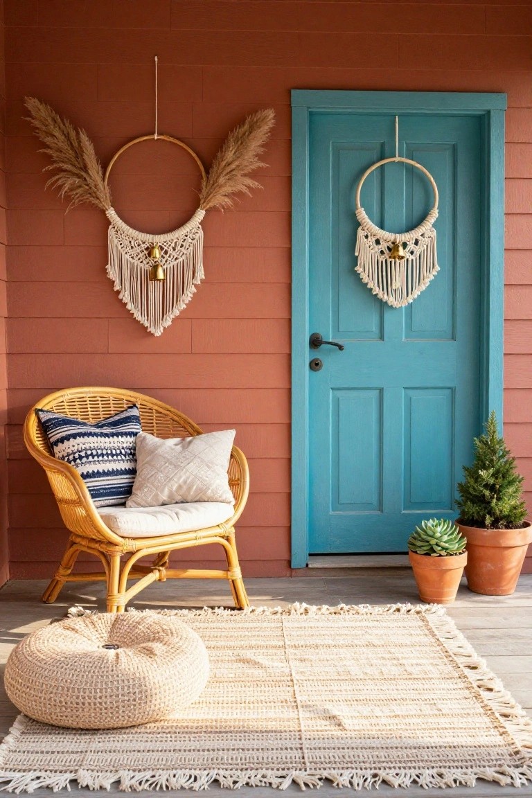 Stone house front entrance featuring a dark wooden door with a laurel Christmas wreath and pink satin bow, arched fanlight window above, lanterns on pillars, boxwood shrubs, stone steps, and black wrought iron chairs.