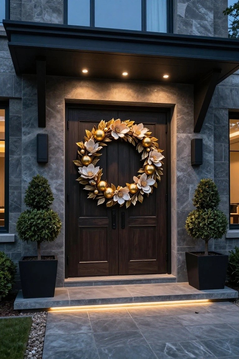 Navy blue front door on a white stucco house exterior with a lit twig wreath hanging on it, a black mailbox to the left, potted fir tree on wooden stool to the right, and brown doormat in front under dusk lighting.