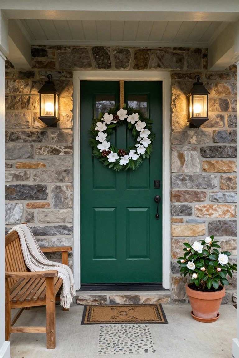 Green front door with white floral wreath on stone porch.