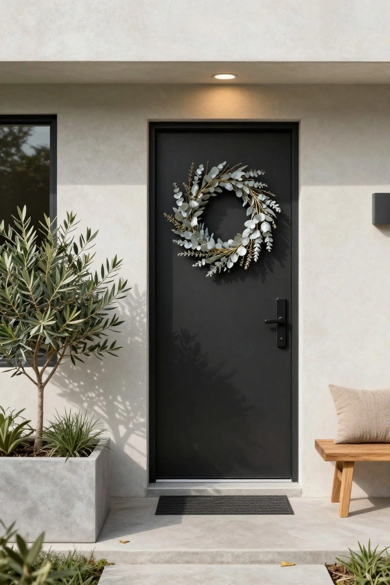 Light blue front door with glass panels and a driftwood wreath accented by lavender and a cross shape, flanked by two potted rosemary plants on a rattan bench with a wicker lantern beside it, shingled house exterior overlooking the ocean.