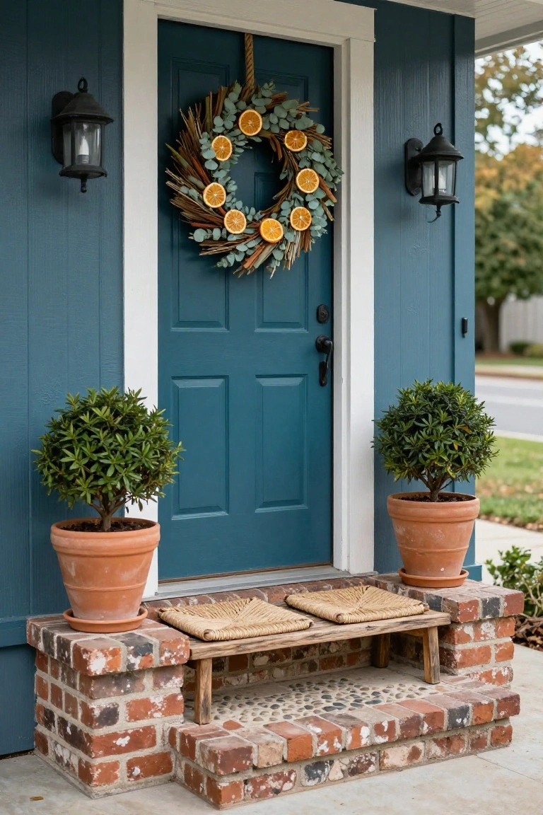 Front door with oak wood panels on a navy blue sided house, decorated with a large eucalyptus wreath and gray bow, next to a wall light, leather bench, large gray planter with plant, and black geometric doormat.