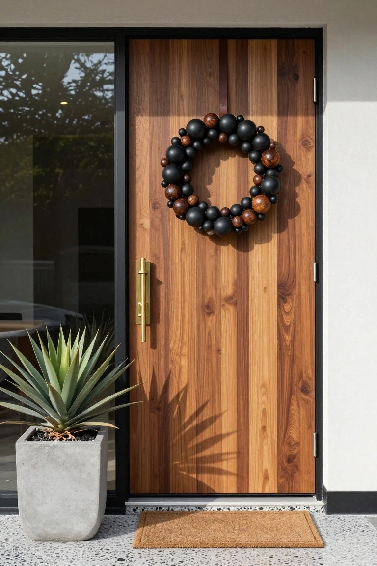 White seashell wreath on a navy blue front door of a white shingled house, with two wicker armchairs with striped pillows, wooden coffee table holding a metal bucket, and seagrass rug on gray porch deck.