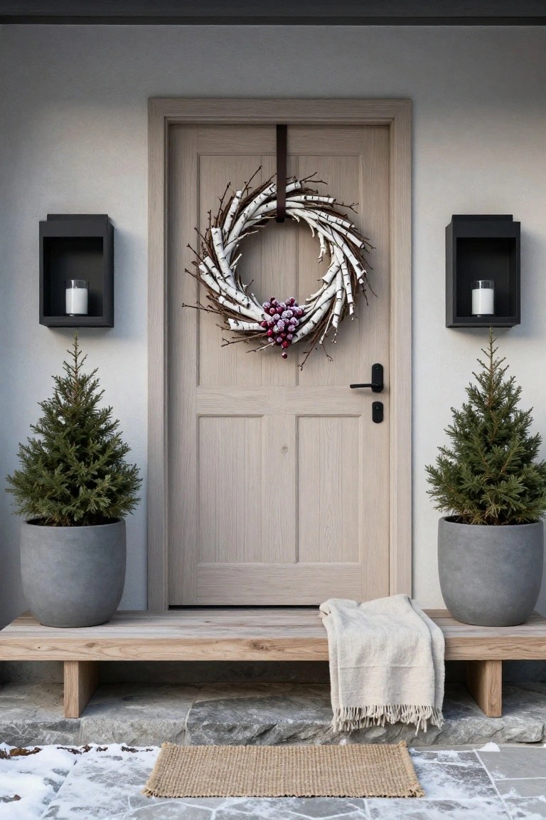 Snow-covered log cabin porch with wooden double door decorated by an evergreen Christmas wreath with pinecones and berries, lit black lantern, firewood stack, potted plant with snow, and woven doormat.
