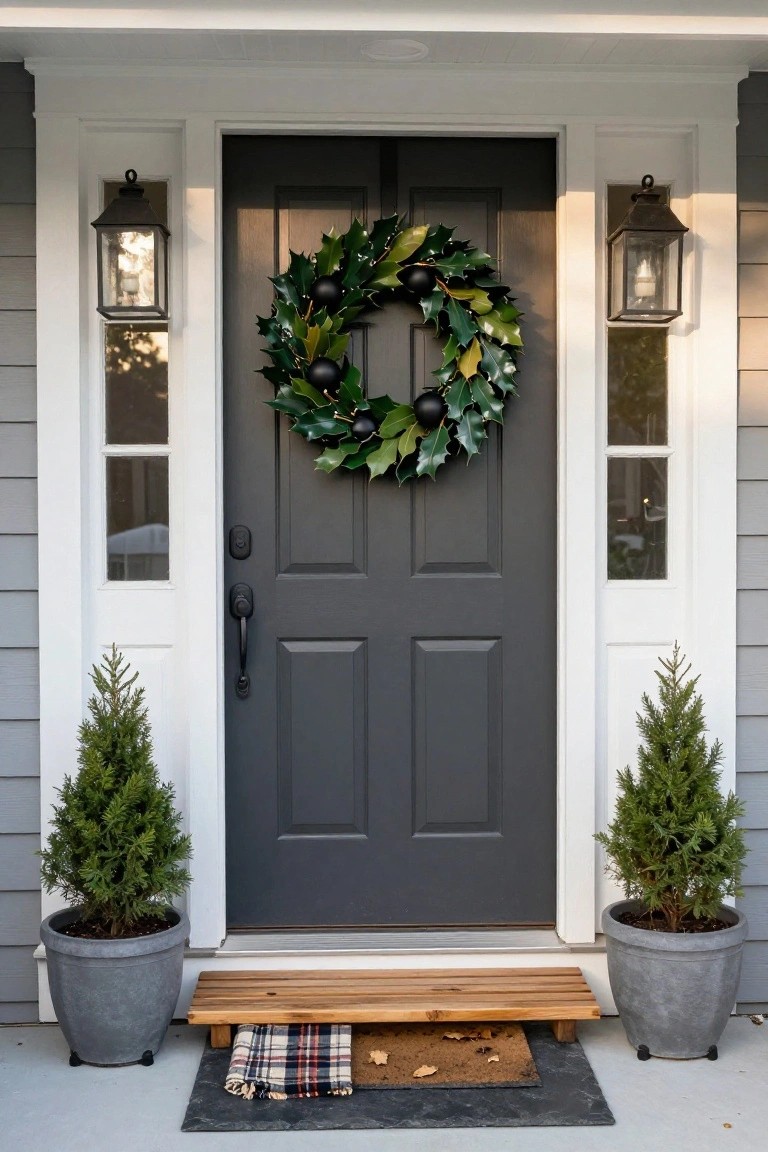 Wood-sided house exterior with black front door hung with wheat stalk wreath and gold bells, flanked by two tall potted topiary trees in gray pots, black metal bench, and seagrass doormat on concrete stoop.