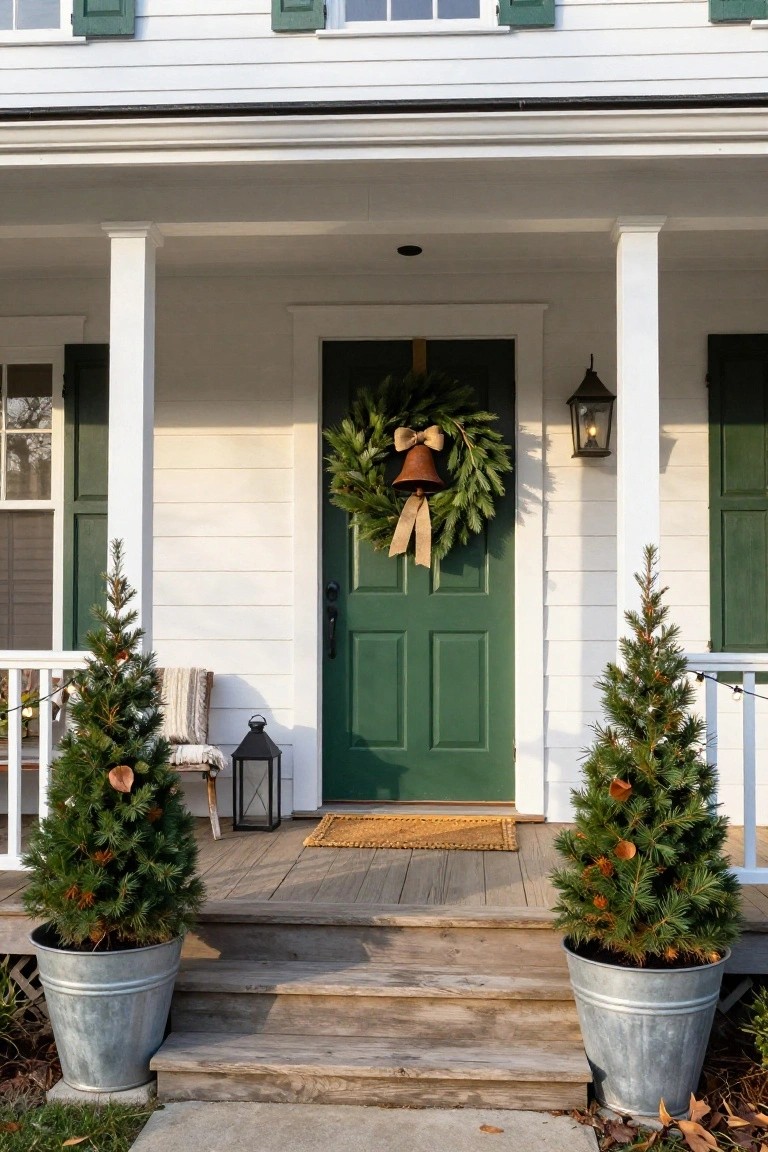 White clapboard house front porch with black door decorated by a large wreath of greenery, oranges, pinecones, and burlap bow; flanked by two small potted evergreen trees, wooden lanterns, and pinecone-filled crates on the steps.