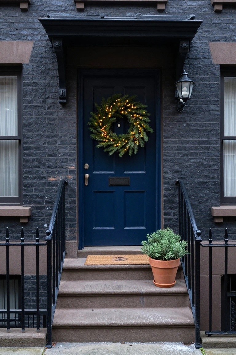 Sage green wood front door on a beige house with white trim, decorated with a round wheat and dried flower wreath, flanked by window boxes of colorful pansies, wooden bench with beige throw blanket, metal watering can, and stone path.