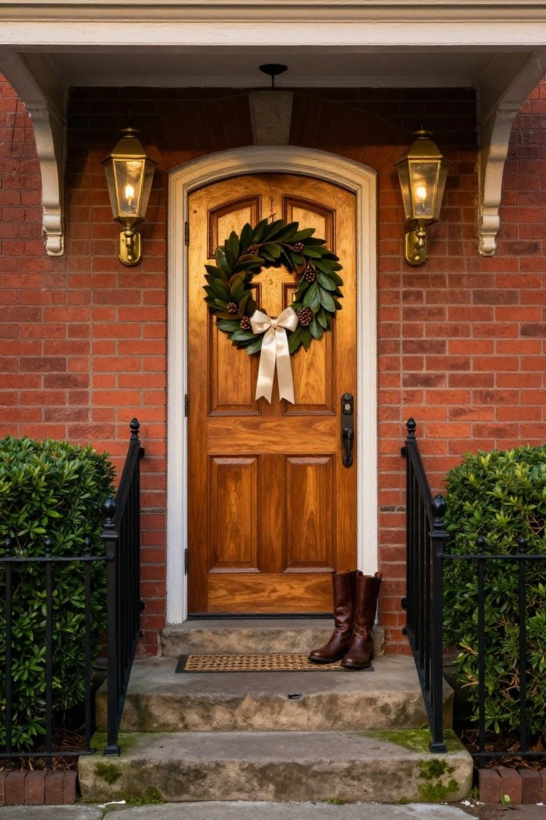 Teal front door on a white porch with large magnolia leaf wreath, hanging lanterns, wooden rocking chair with cushion, and potted plants nearby.