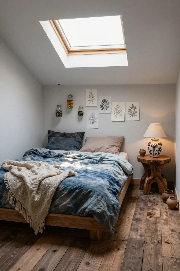 Small attic bedroom with sloped ceiling and skylight, low wooden platform bed draped in blue shibori sheets and cream knit throw, gray walls with botanical prints, hanging glass jars filled with natural items, mushroom-patterned ceramic lamp on carved wood side table, terracotta pots on wood floor.
