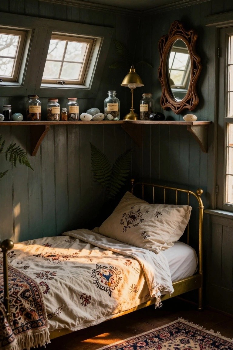 Sage green paneled bedroom corner with open wooden shelves holding glass jars of herbs and specimens, stones, and shells next to a brass lamp and oval wood mirror, brass bed with embroidered beige linens and Persian rug on wood floor.